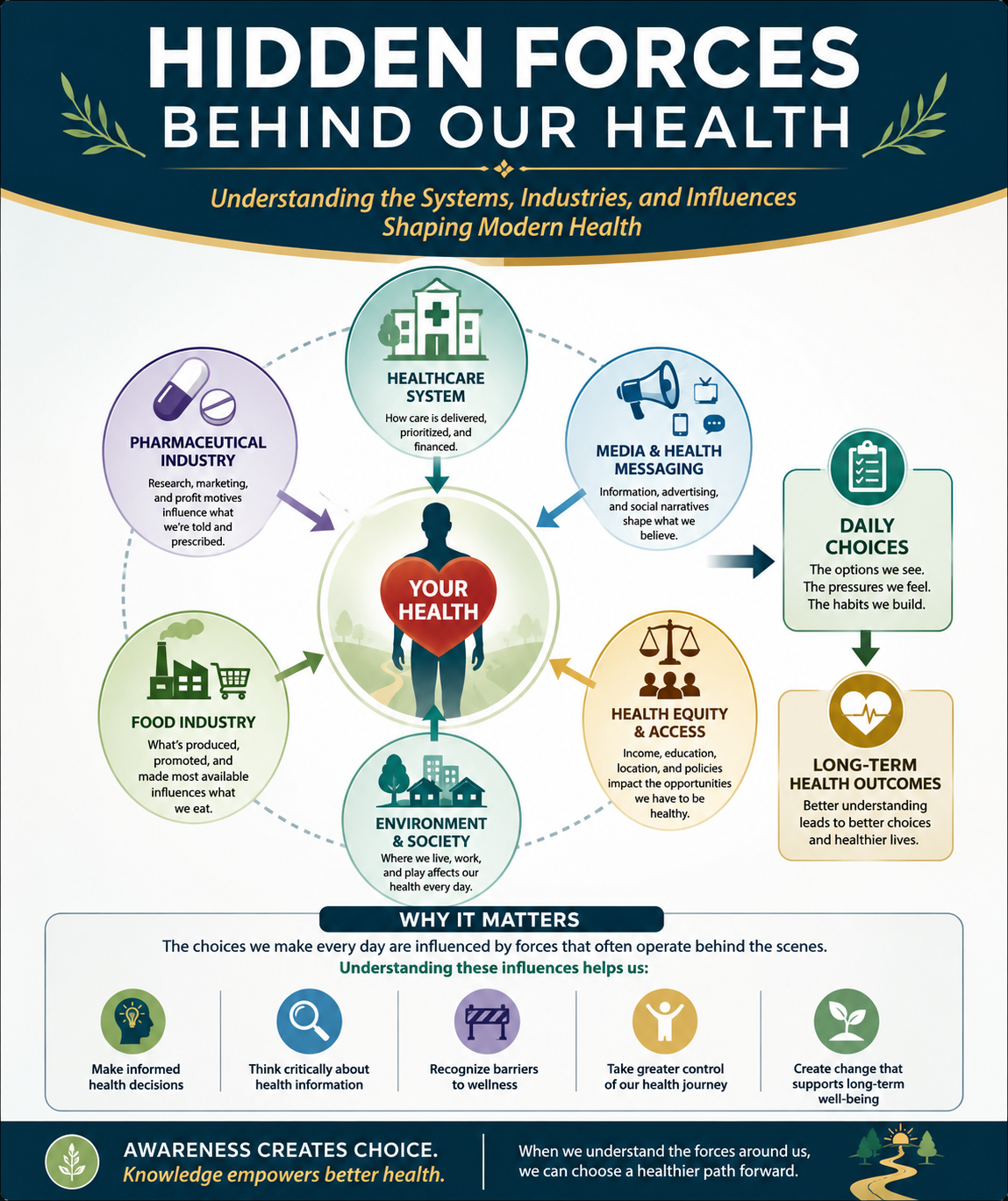 Hidden forces shaping our health new Hidden Forces Behind Our Health infographic showing how healthcare, industry, media, environment, access, and daily choices shape health outcomes