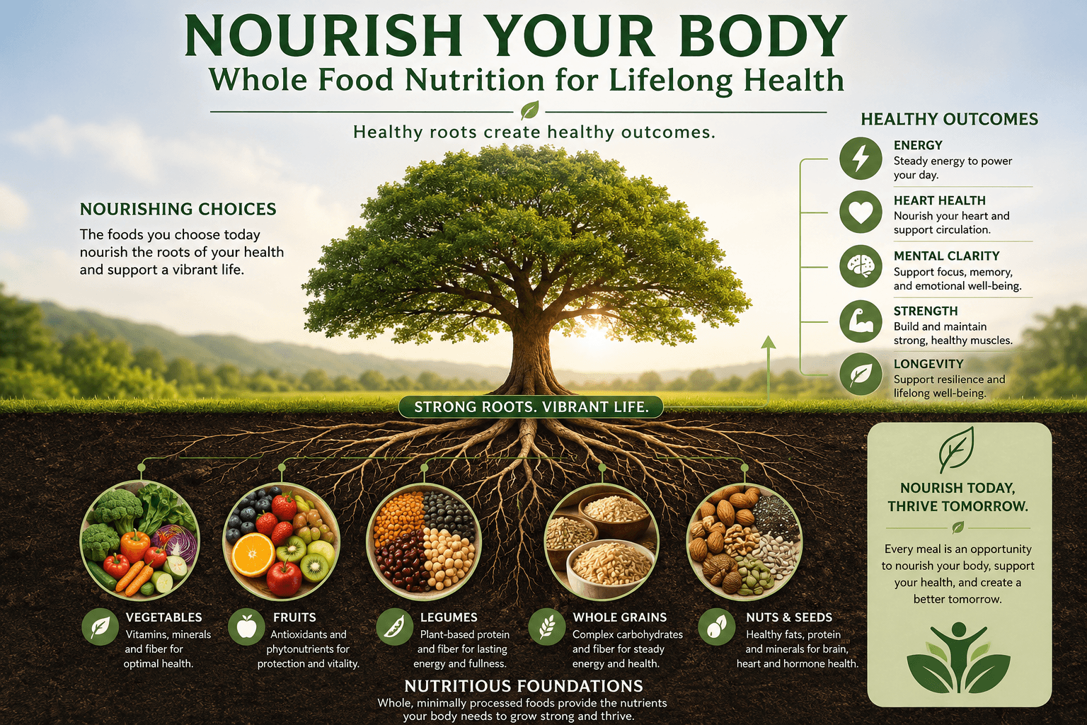Nourish your body for lifelong health Nourish Your Body infographic showing how whole-food nutrition supports lifelong health and healthy outcomes